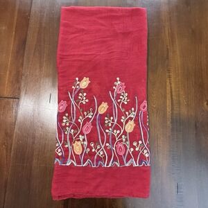 Embroidered Floral Scarf Wrap Shawl Red Lightweight Cotton Blend Oversized Artsy